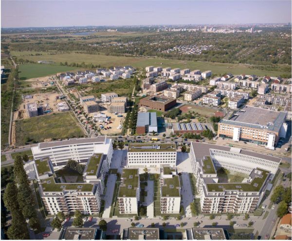 Eine Luftaufnahme einer Stadt mit vielen Gebäuden