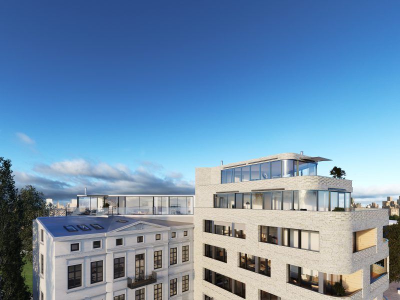 Eine künstlerische Darstellung eines Gebäudes mit einer Dachterrasse