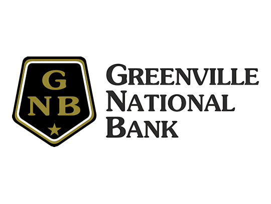 The logo for greenville national bank is black and gold.