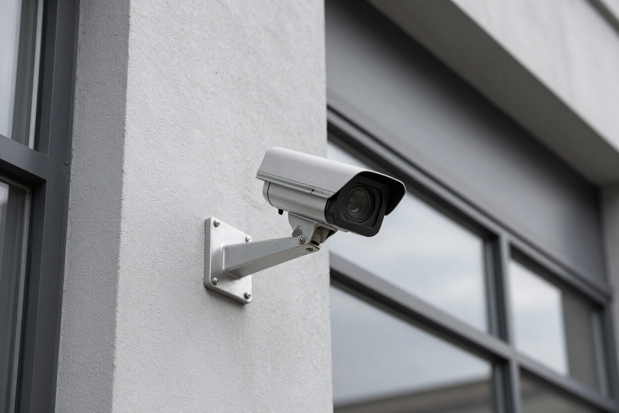 Security camera mounted on a commercial building