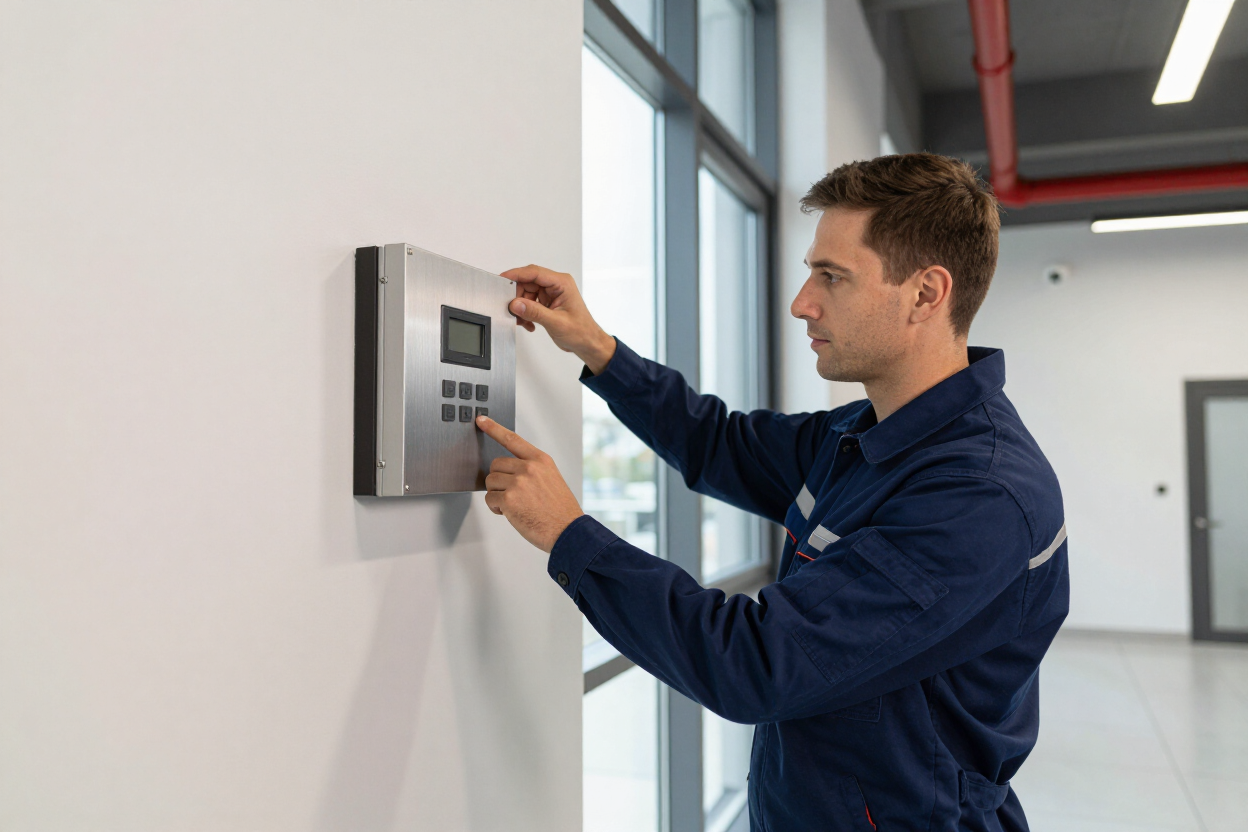 Technician installing an alarm control panel