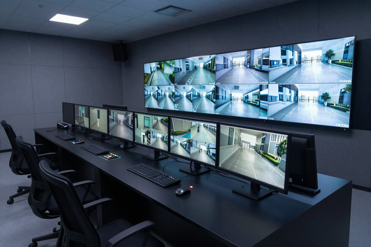 Security control room with multiple camera monitors