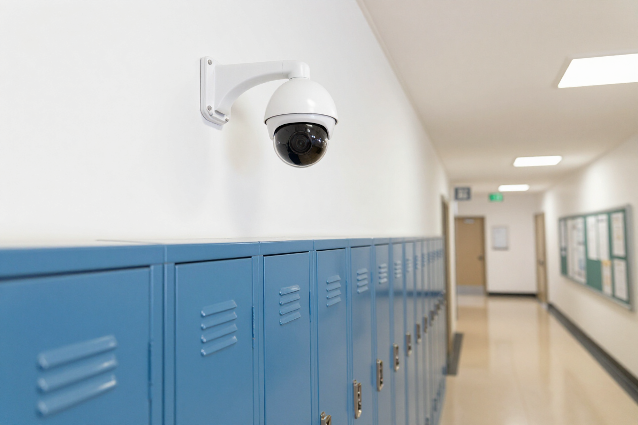 Security camera mounted in a school hallway