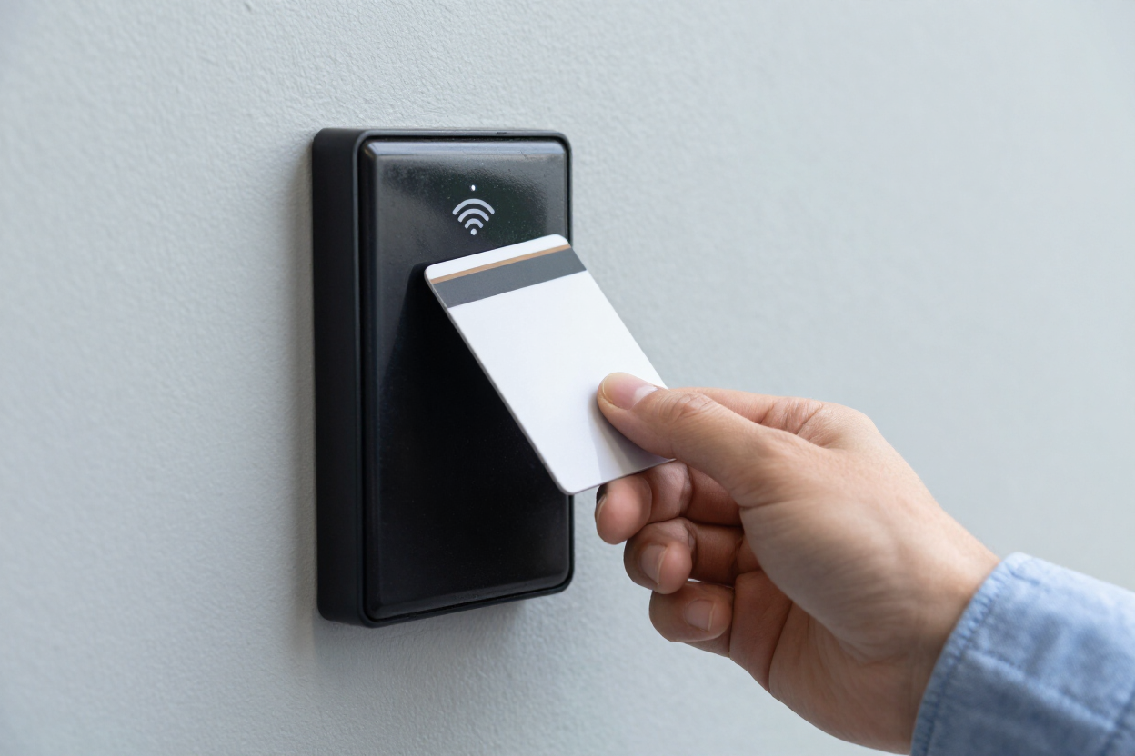 Keycard being tapped on a door access reader