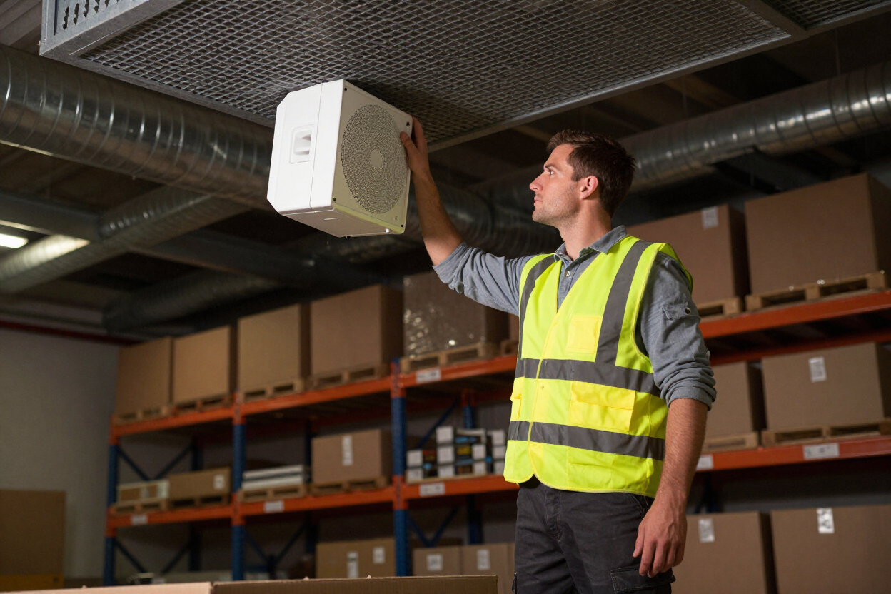 Warehouse worker near an overhead paging speaker