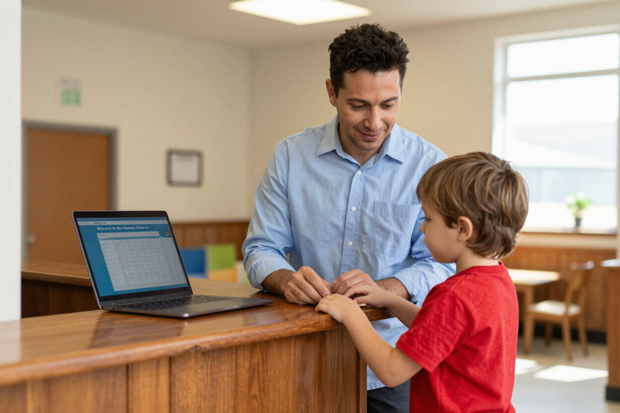 Volunteer usher checking in a child at a church nursery kiosk
