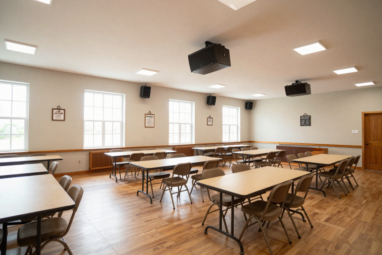 Church fellowship hall with an overhead speaker system