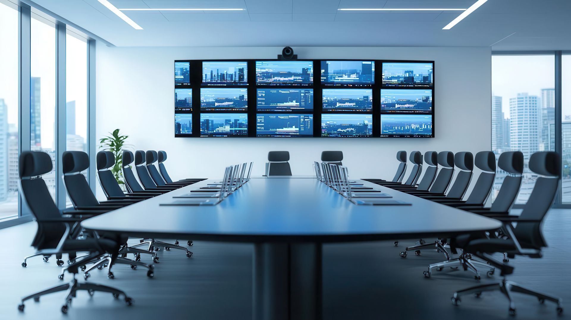 Corporate conference room with a multi-screen audio visual display wall and professional AV solution