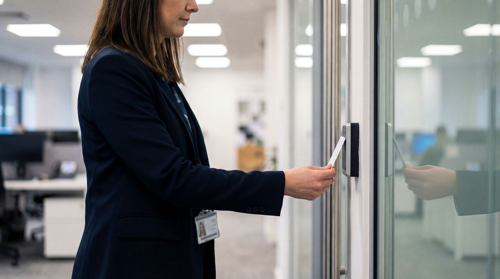 Business professional using a keycard to access a secured office door through a building access cont