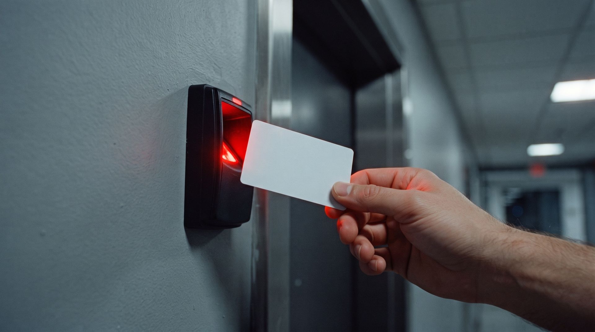 Hand inserting a key card into a wall-mounted commercial access control reader with a red indicator light, in a secured corridor Hand inserting a key card into a wall-mounted commercial access control reader with a red indicator light, in a secured corridor