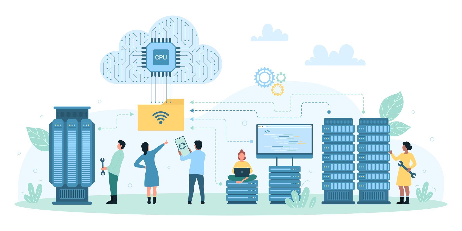 People analyzing cloud data dashboards with servers, devices, and network icons in a blue tech scene