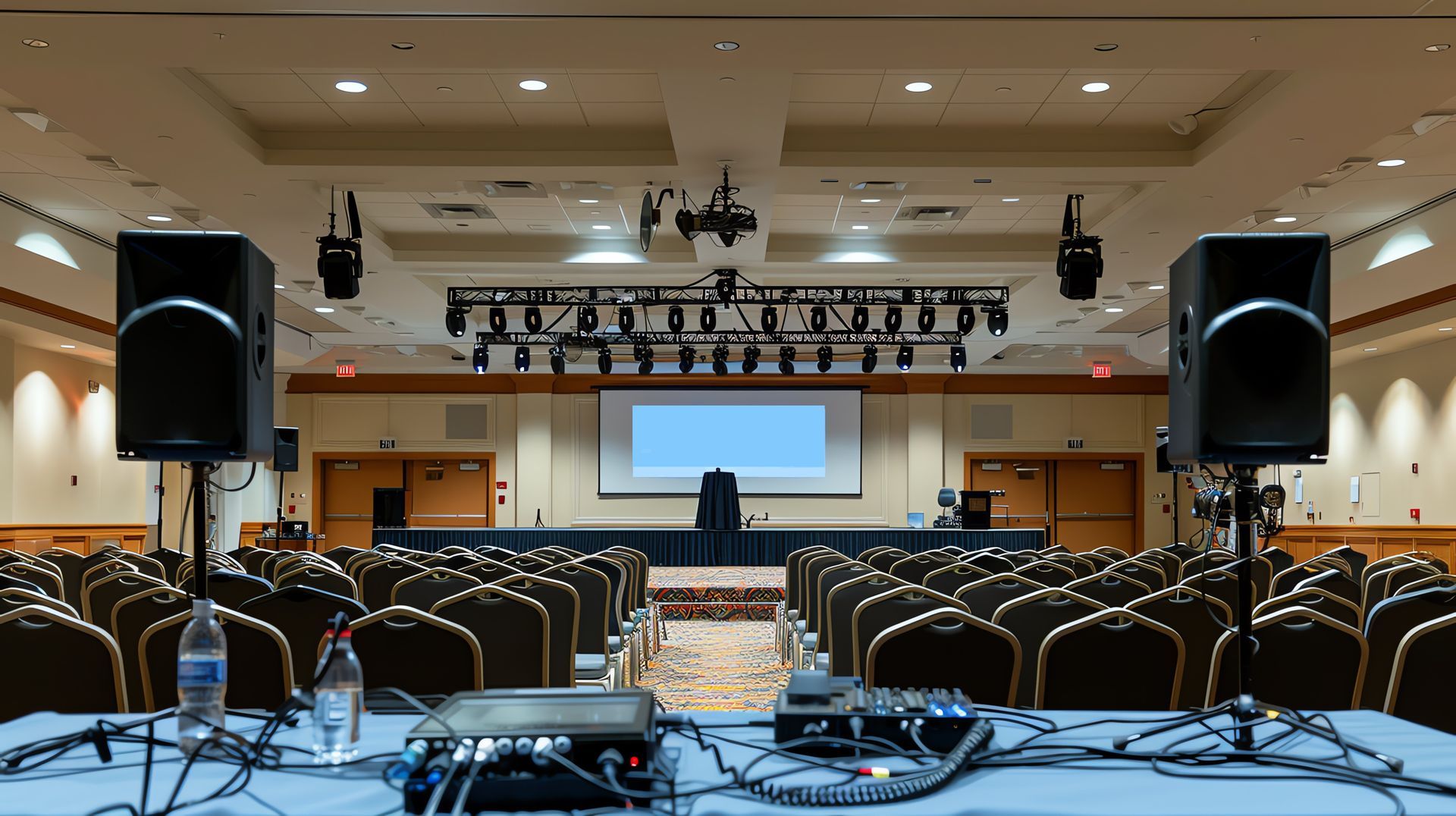 Audio visual system installation in a large commercial event venue with speakers, stage lighting, and projection screen Audio visual system installation in a large commercial event venue with speakers, stage lighting, and projection screen