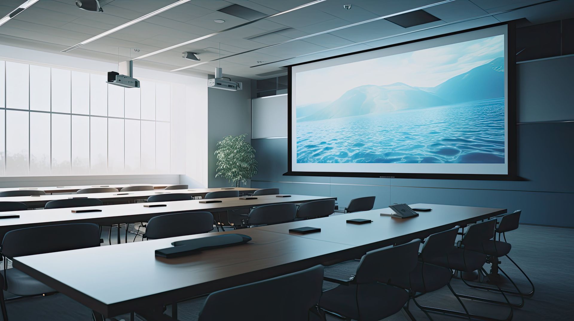 Professional audio visual system installation in a commercial conference room with a ceiling-mounted projector and large display screen Professional audio visual system installation in a commercial conference room with a ceiling-mounted projector and large display screen
