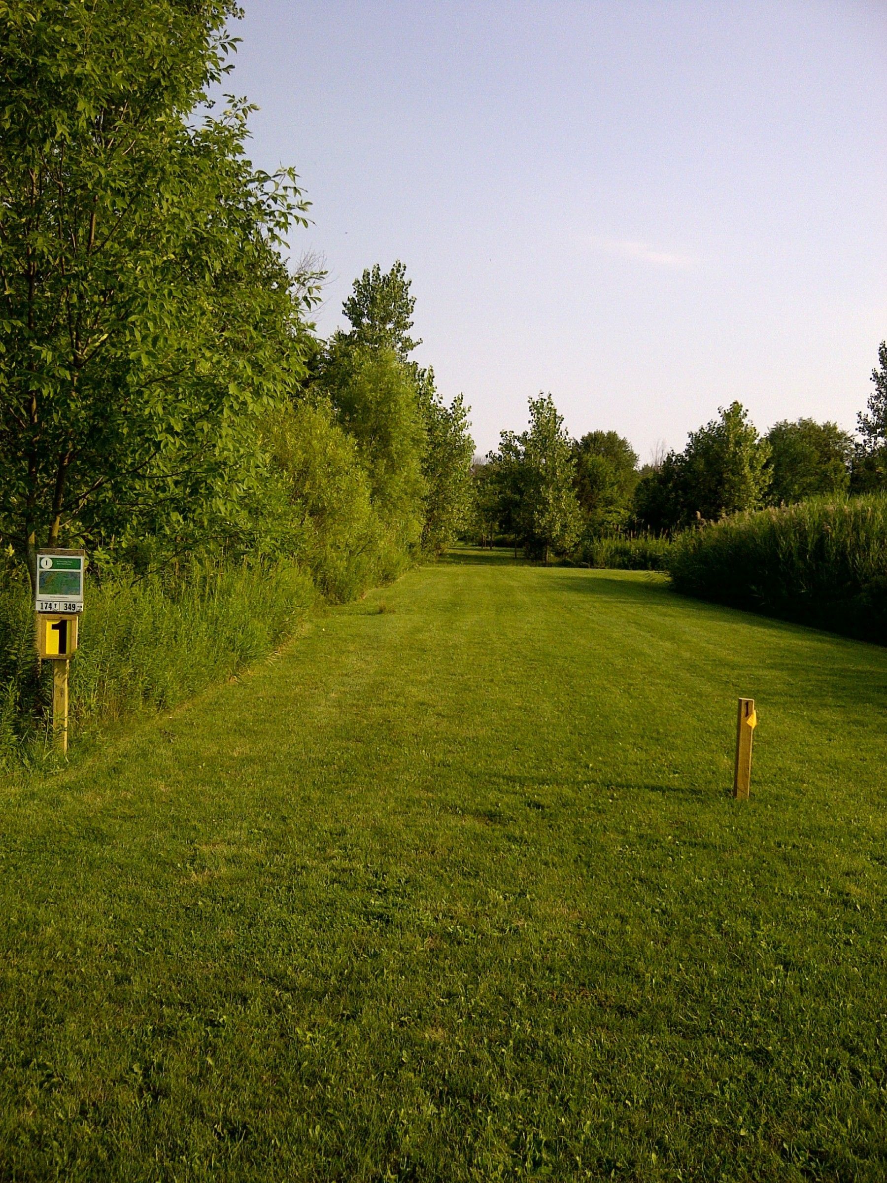 Grassy field bordered by trees and hedges under a clear sky, with a small signpost at left.