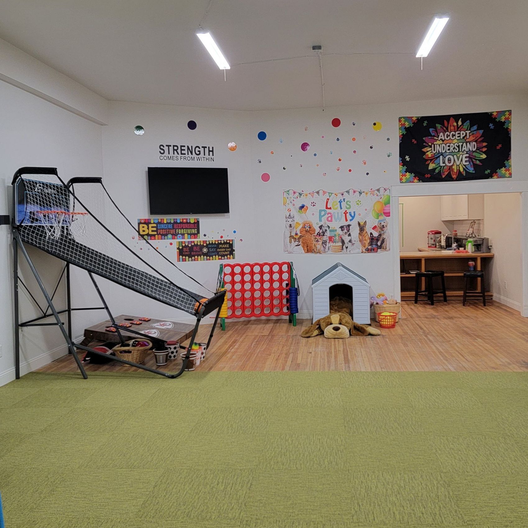 A room with a dog house , a slide , and a tv on the wall.