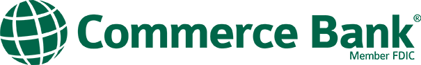 A logo for commerce bank with a green globe
