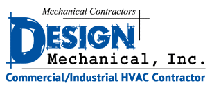 A blue and white logo for design mechanical inc.