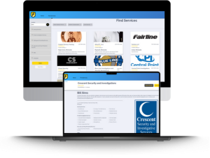 Desktop and laptop screens displaying a security services website.