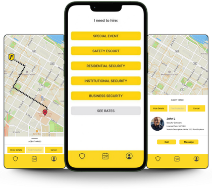 Screenshots of a security app interface. Shows location map, service selections, and a profile.