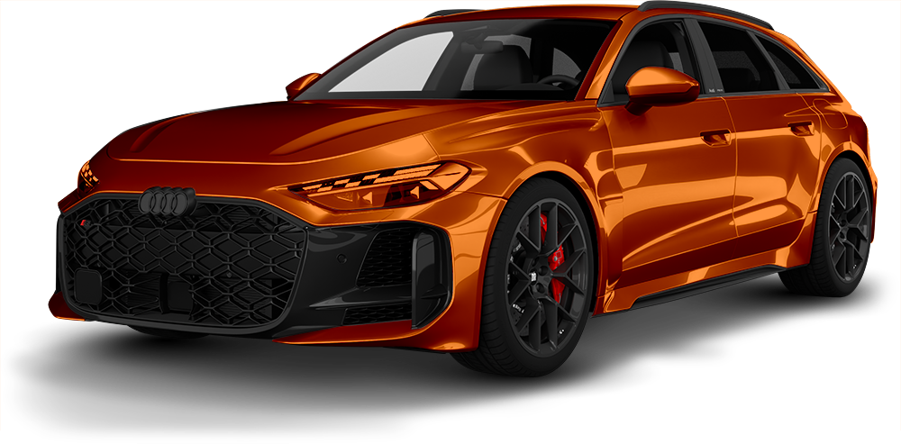 Orange sports sedan on a white background, angled front view with black rims and red brake calipers