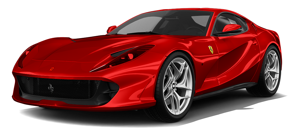 Red Ferrari sports car in a studio setting, shown in side view on a white background