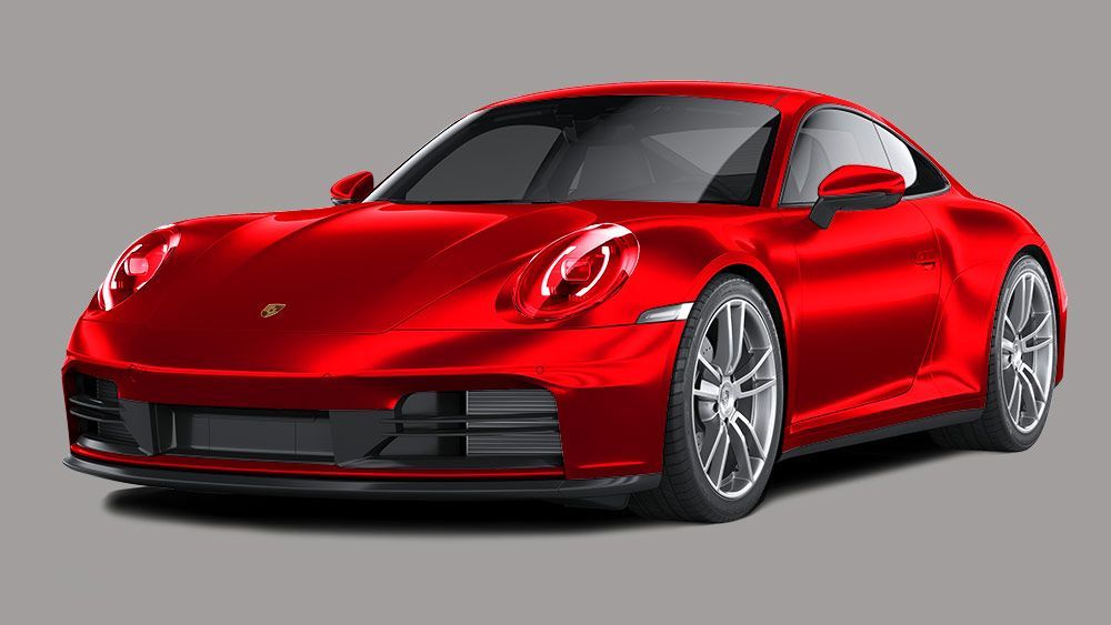 Red sports car with glossy paint on a gray background, front three-quarter view