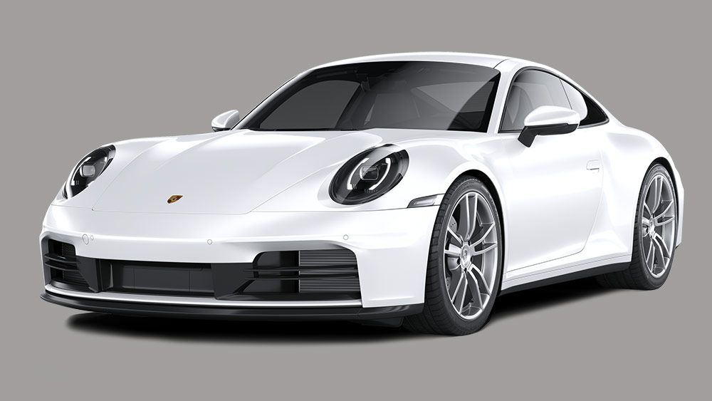 White Porsche sports car on a gray background, angled front view.