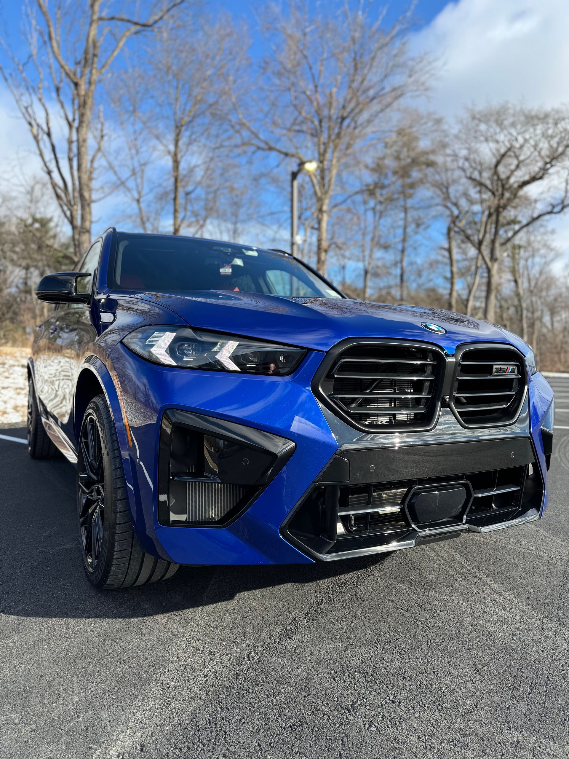 Blue BMW SUV parked on a gravel lot with leafless trees and snow in the background