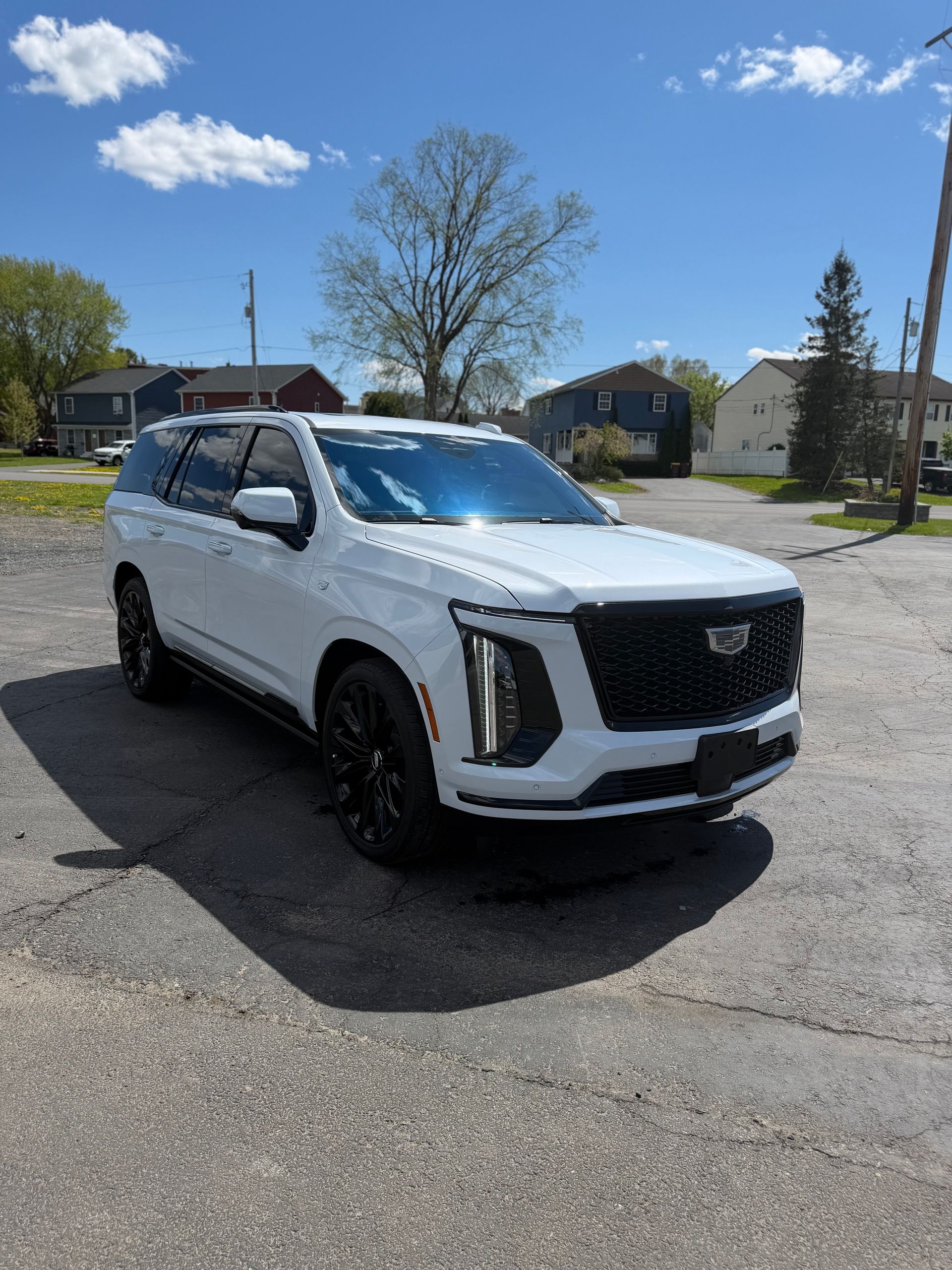 White Cadillac SUV parked on a sunny street with houses and trees in the background