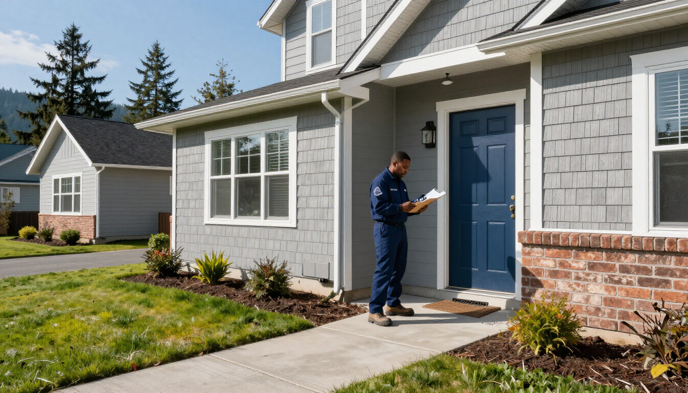pest control technician standing by residential door taking notes