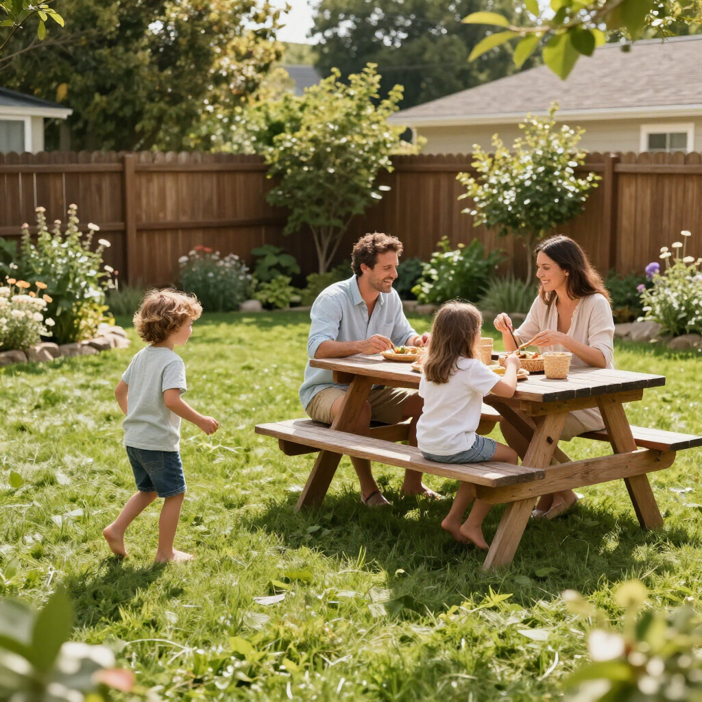 family having lunch on a picnic table in the backyard 