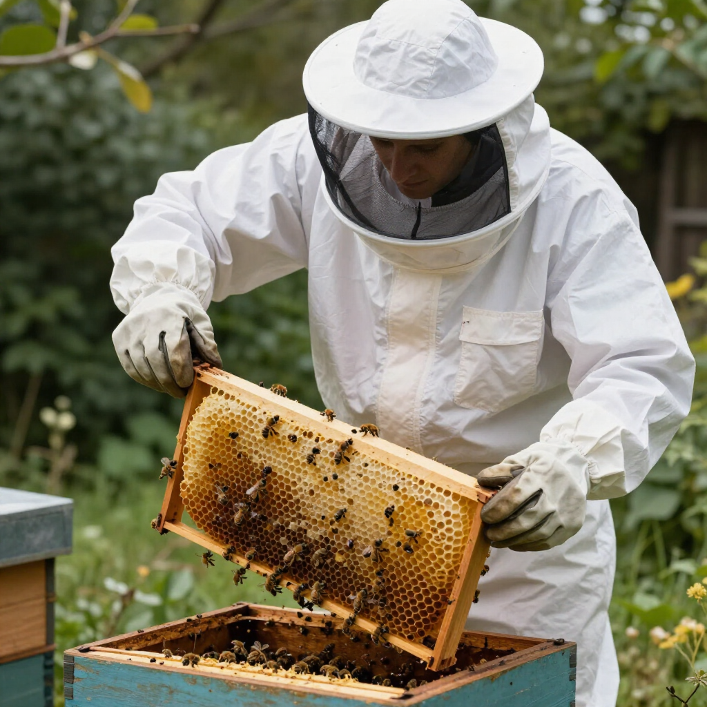 Beekeeper inspection bee colony on a honeycomb 