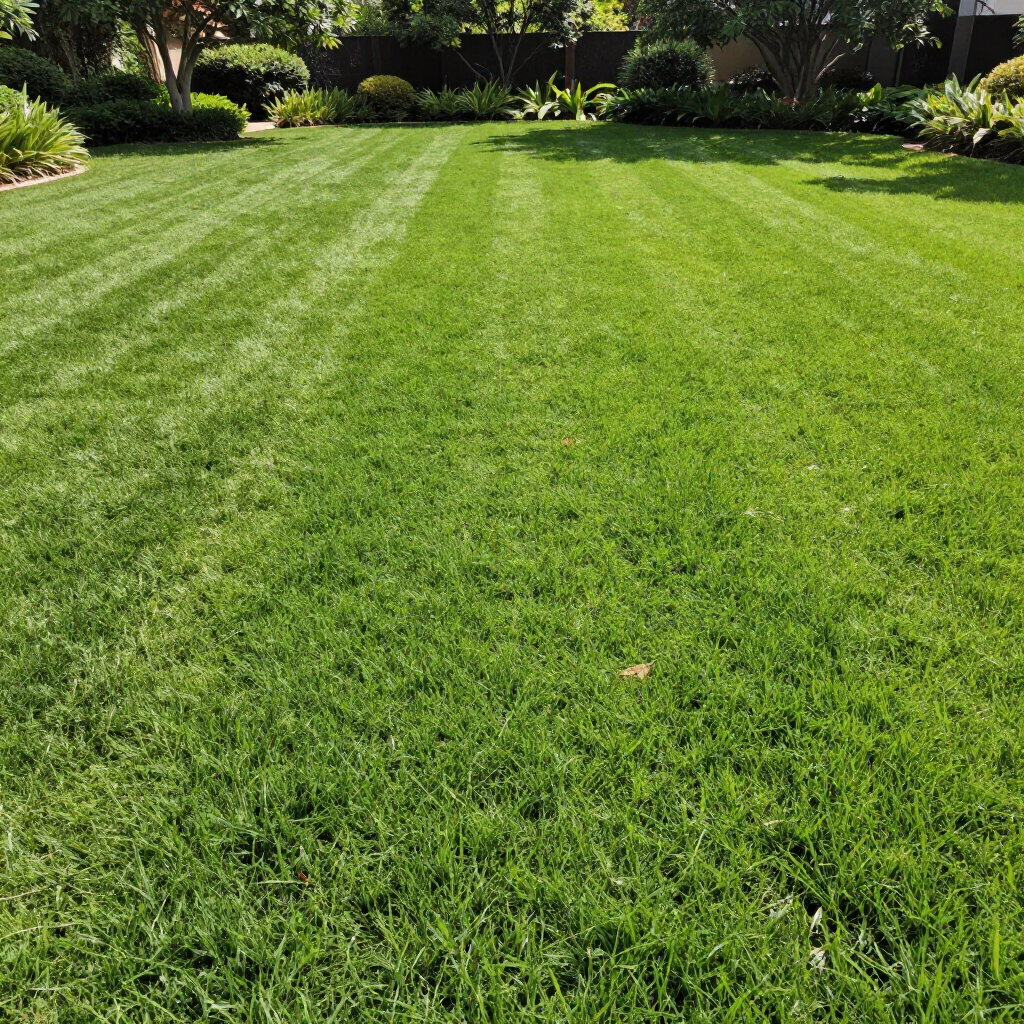 green lush, freshly mowed yard with trimmed bushes 