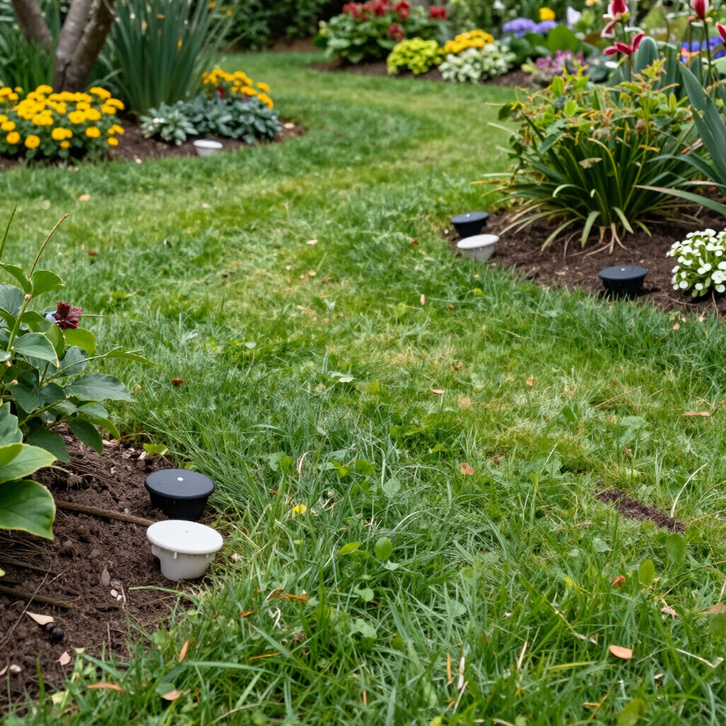 garden of various bushes and flowers around green lush grass 
