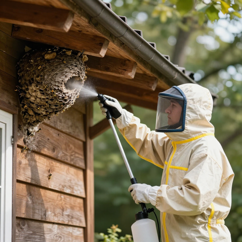 technician treating an active wasp nest 