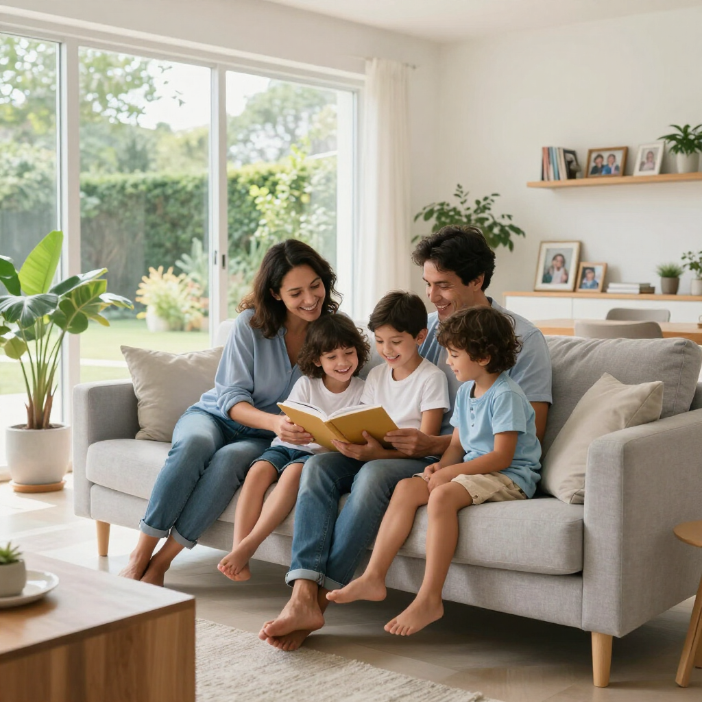 family in their residential home reading a book together