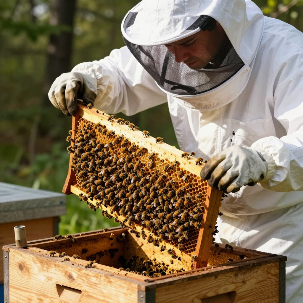 Beekeeper inspecting honey bee colony 
