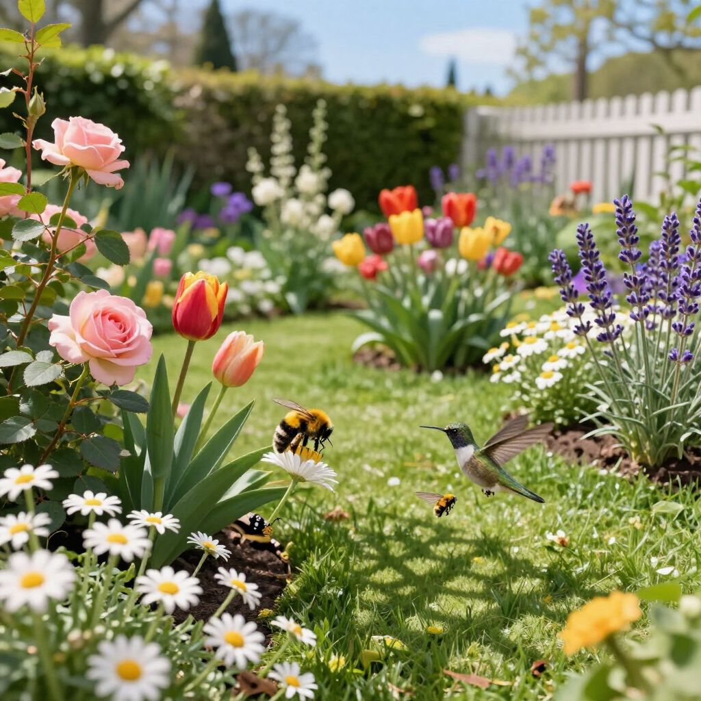 garden with various different flowers. A bee sitting on one of the flowers 