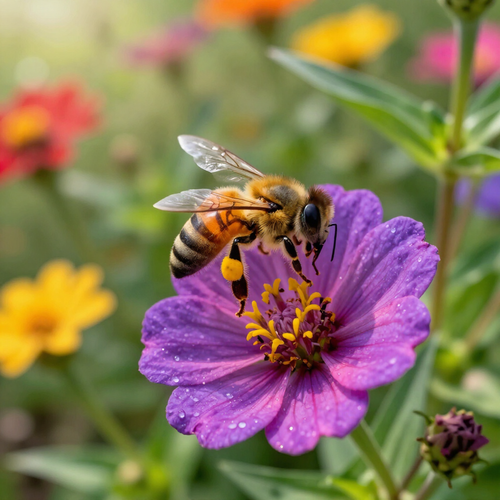 Honey bee gathering nectar on a flower 