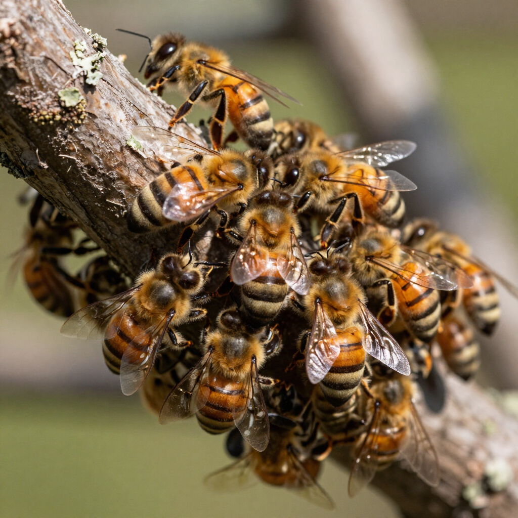 a clump of honey bees swarming on a tree branch 