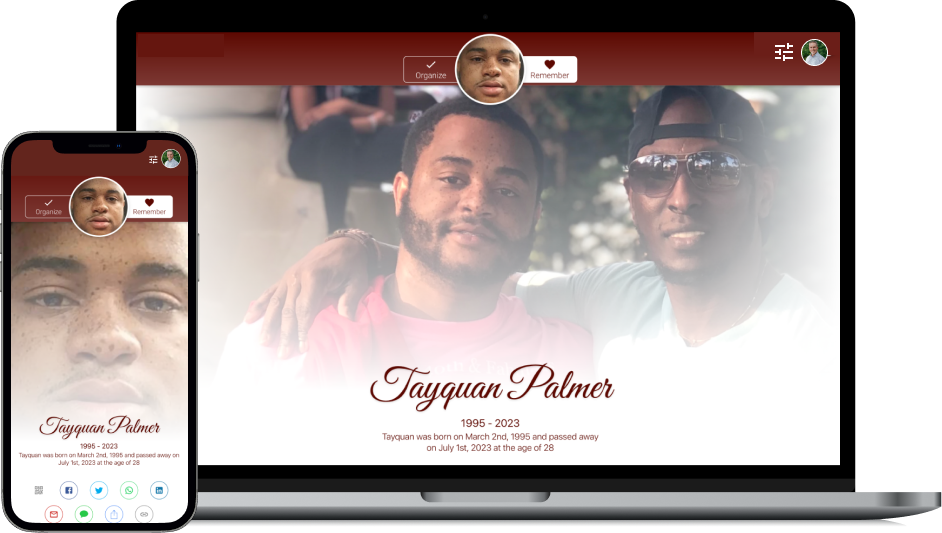 Laptop and phone mockups showing a personalized music profile page with a portrait banner and name text