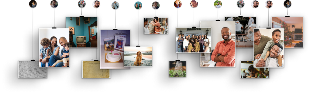 Collage of small framed photos on a white wall, showing people at events and outdoor moments