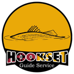 Logo: Fish breaking water, yellow circle, black lettering "HOOKSET Guide Service" with Maryland flag pattern.