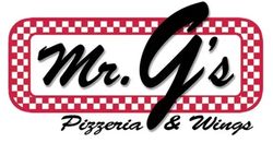 Mr. G's Pizzeria & Wings logo in black script on a red and white checkered frame.