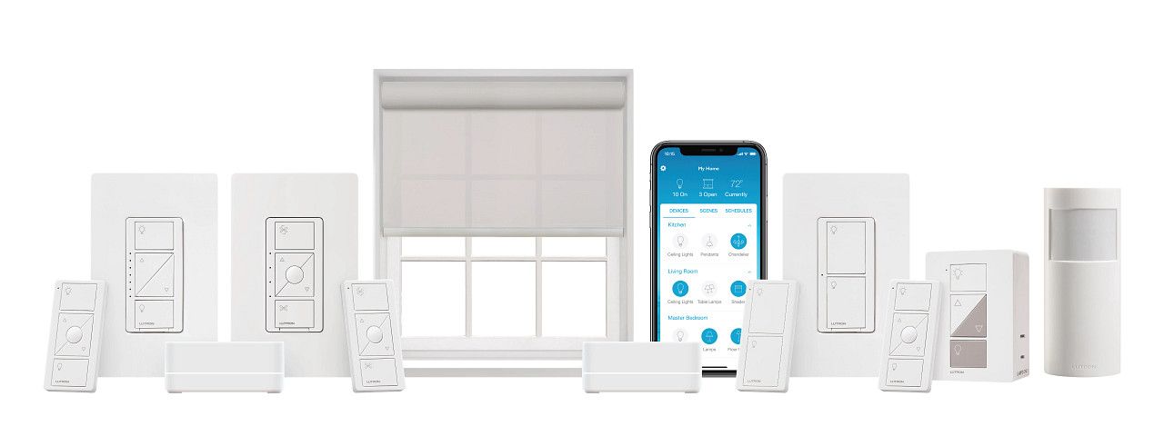 A smart home system with a cell phone and a window shade.