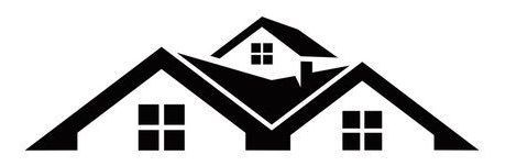 A black and white silhouette of a house with a mountain in the background.