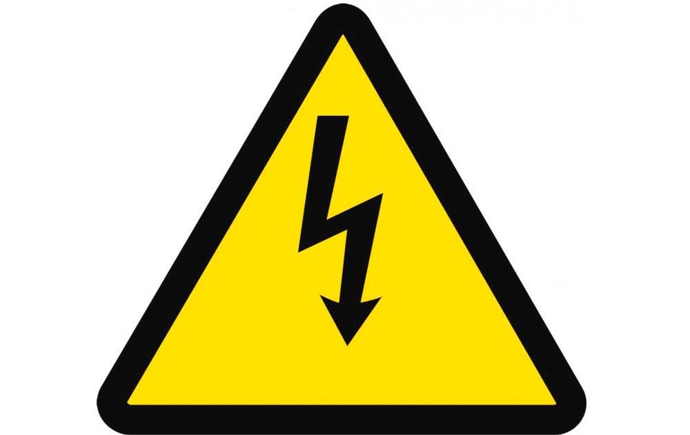 A yellow and black triangle sign with a lightning bolt and an arrow pointing down.