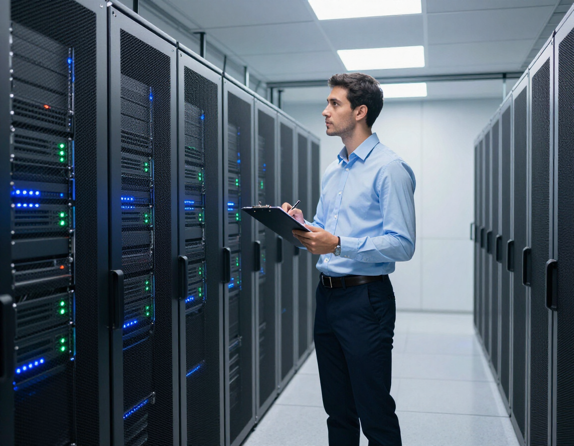 IT professional reviewing server infrastructure in a data center
