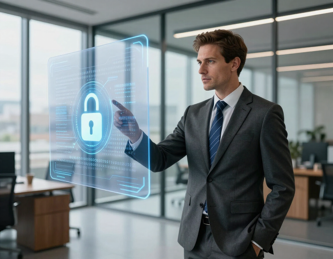 Business executive facing ransomware encrypted screen
