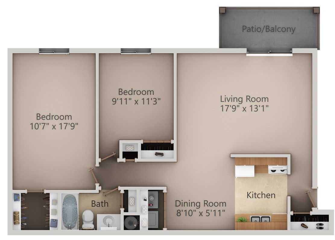 Floor plan of a two-bedroom apartment with living room, kitchen, dining area, bathroom, and balcony.